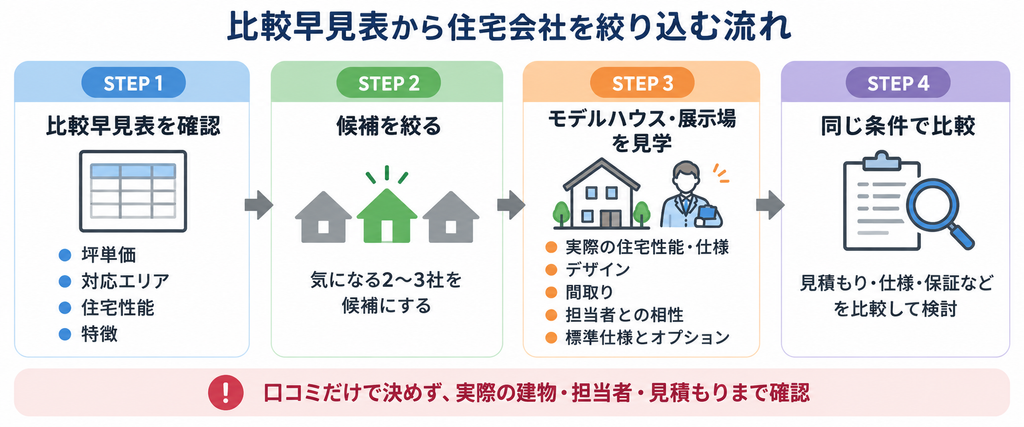 比較表から候補を絞り、見学と見積もりで住宅会社を比較する4ステップの流れ