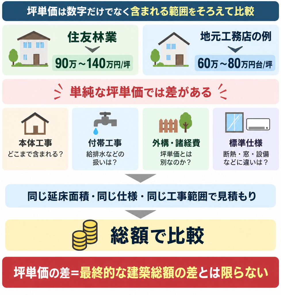 坪単価は含まれる工事・仕様をそろえ、同条件の見積総額で比較することが重要な理由を示す図解
