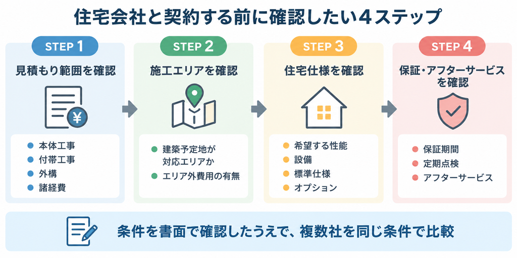 住宅会社との契約前に見積もり・施工エリア・仕様・保証を4段階で確認する流れを示した図解
