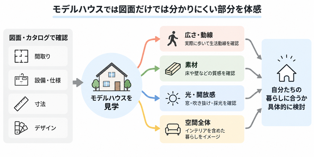 図面やカタログでは分かりにくい広さや動線、素材、光、空間全体をモデルハウスで体感する流れ