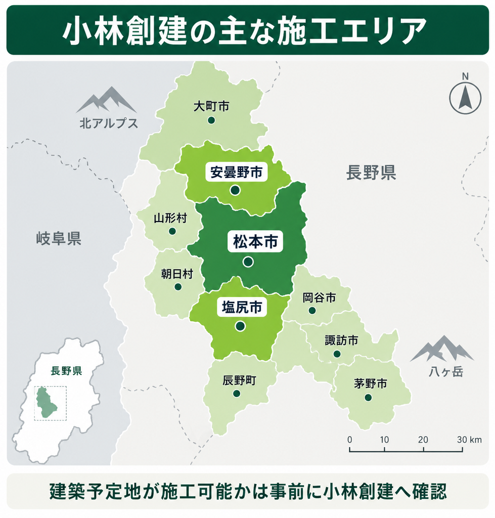 松本市を中心に塩尻市・安曇野市など小林創建の主な施工エリアを示した地図