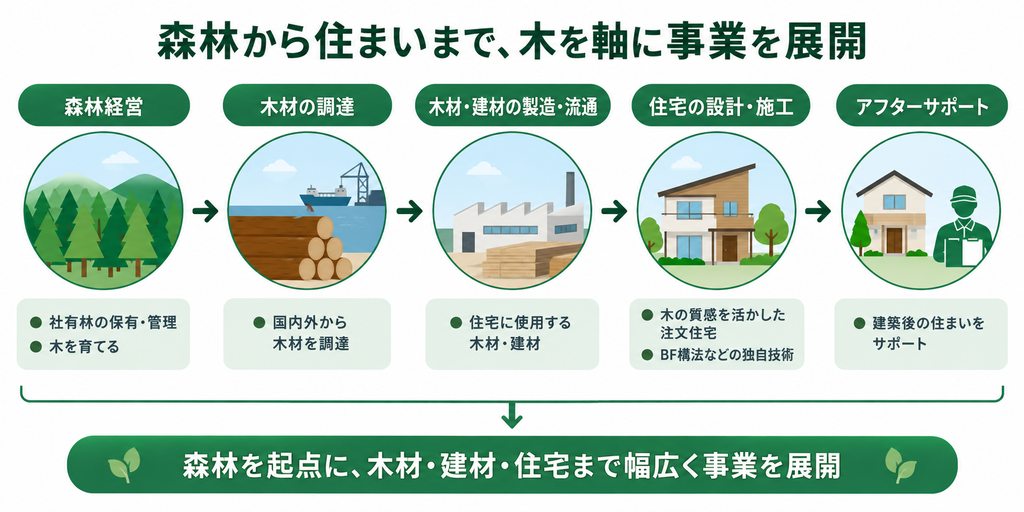 森林経営から木材調達、建材製造、住宅施工、アフターサポートまでの事業の流れを示す相関図