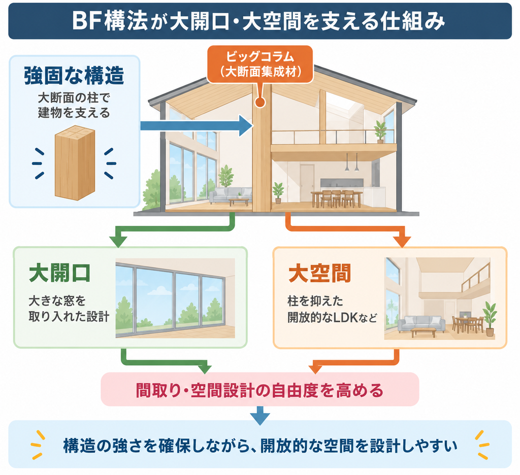 BF構法のビッグコラムが強固な構造を支え、大開口・大空間と設計自由度を高める仕組み
