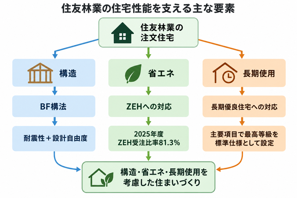 住友林業の注文住宅を構造・省エネ・長期使用の3要素に分け、BF構法やZEH対応などを整理した相関図